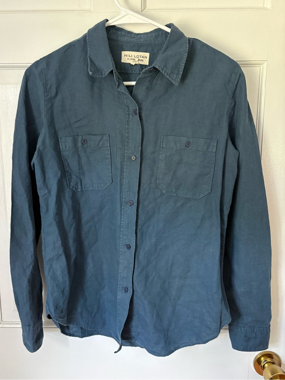 Nili Lotan Kaya Linen Cotton Blend Button Down Shirt Teal Blue, Size Small (S)
